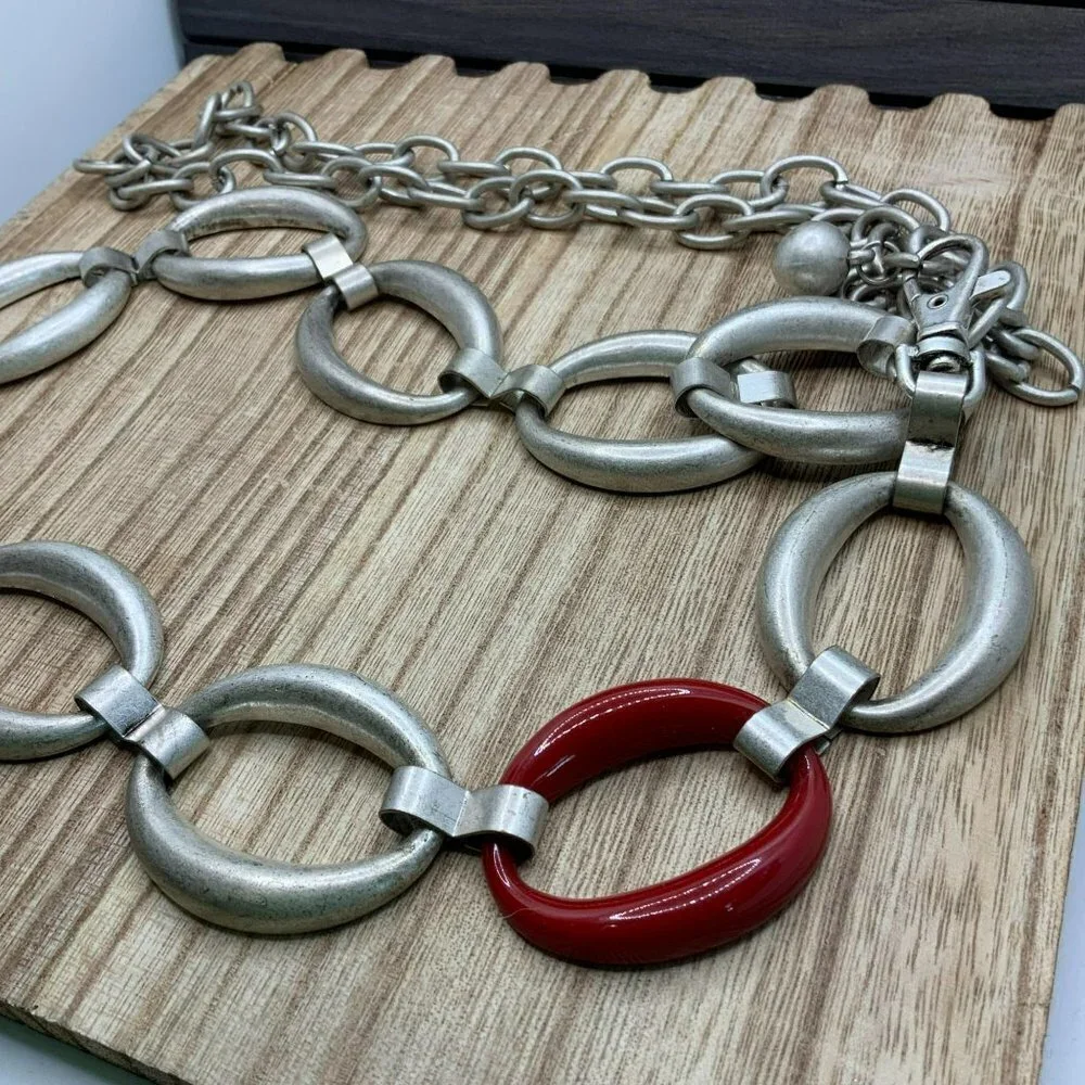Chico's Silver Tone & Red Adjustable Metal Chain Belt - Picture 2 of 4